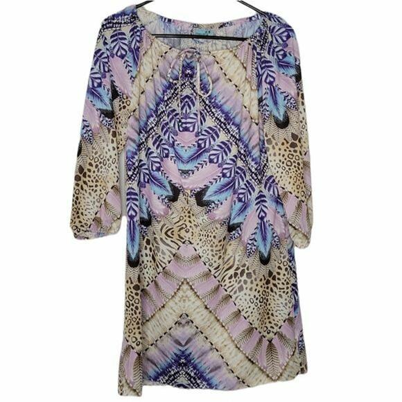 Letarte Multicolor Feather & Animal Printed 3/4 Sleeve Swim Coverup Womens Small - Picture 8 of 8
